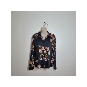 Philosophy Black Satin Floral Long Sleeve Collared Button-Down Blouse Size M